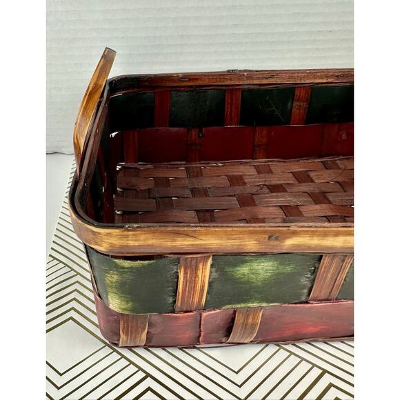 Vintage Handwoven Wooden Basket – Red & Green Rustic Storage Décor – 20” Long - Picture 2 of 6